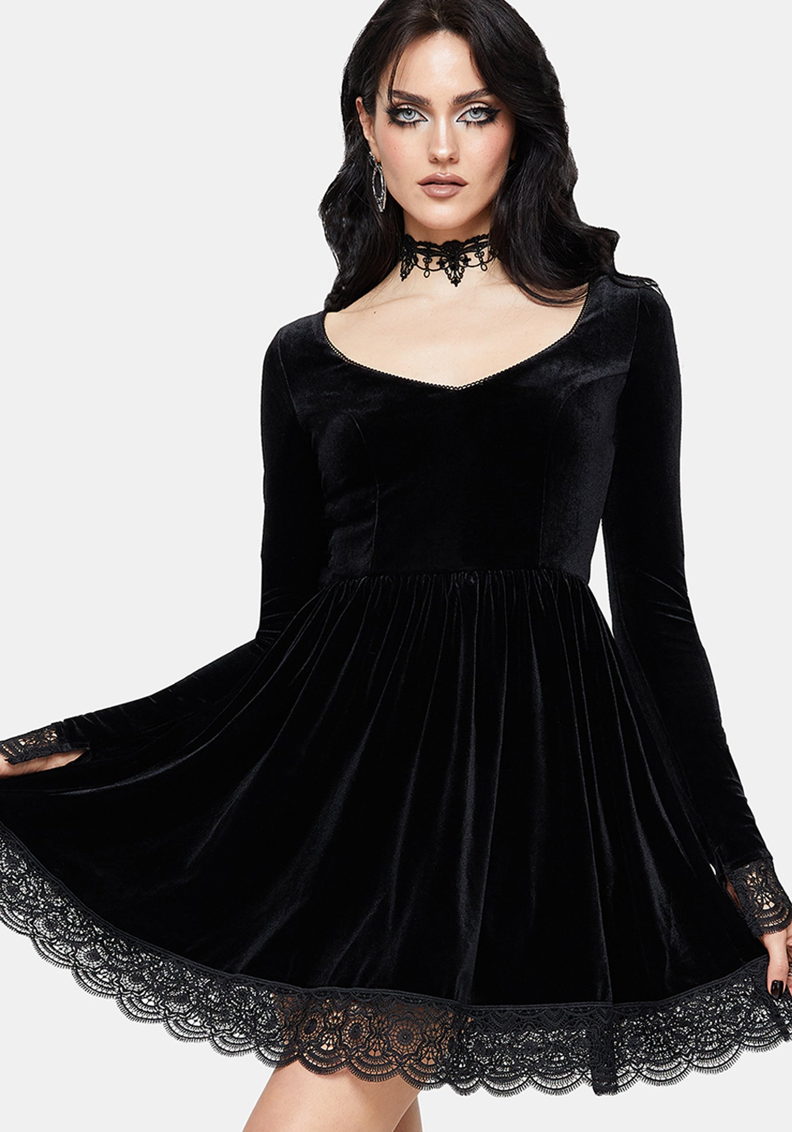 Orbweb Long Sleeve Lace Hem Velour Mini Dress EU 38