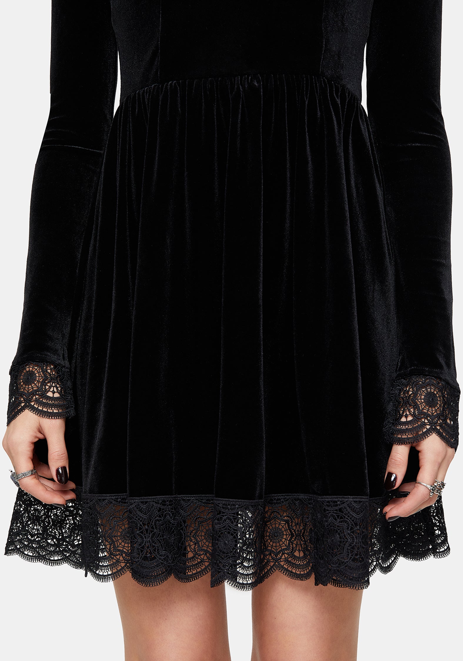 Orbweb Long Sleeve Lace Hem Velour Mini Dress EU 38