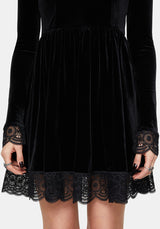 Orbweb Long Sleeve Lace Hem Velour Mini Dress EU 38