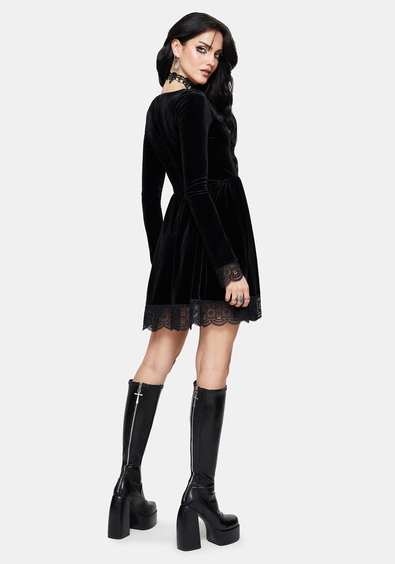 Orbweb Long Sleeve Lace Hem Velour Mini Dress EU 38