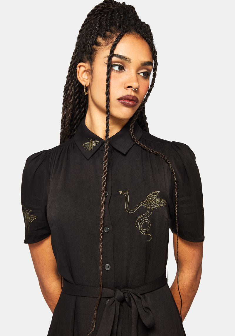 Isara Dragon Embroidered High Low Midaxi Shirt Dress
