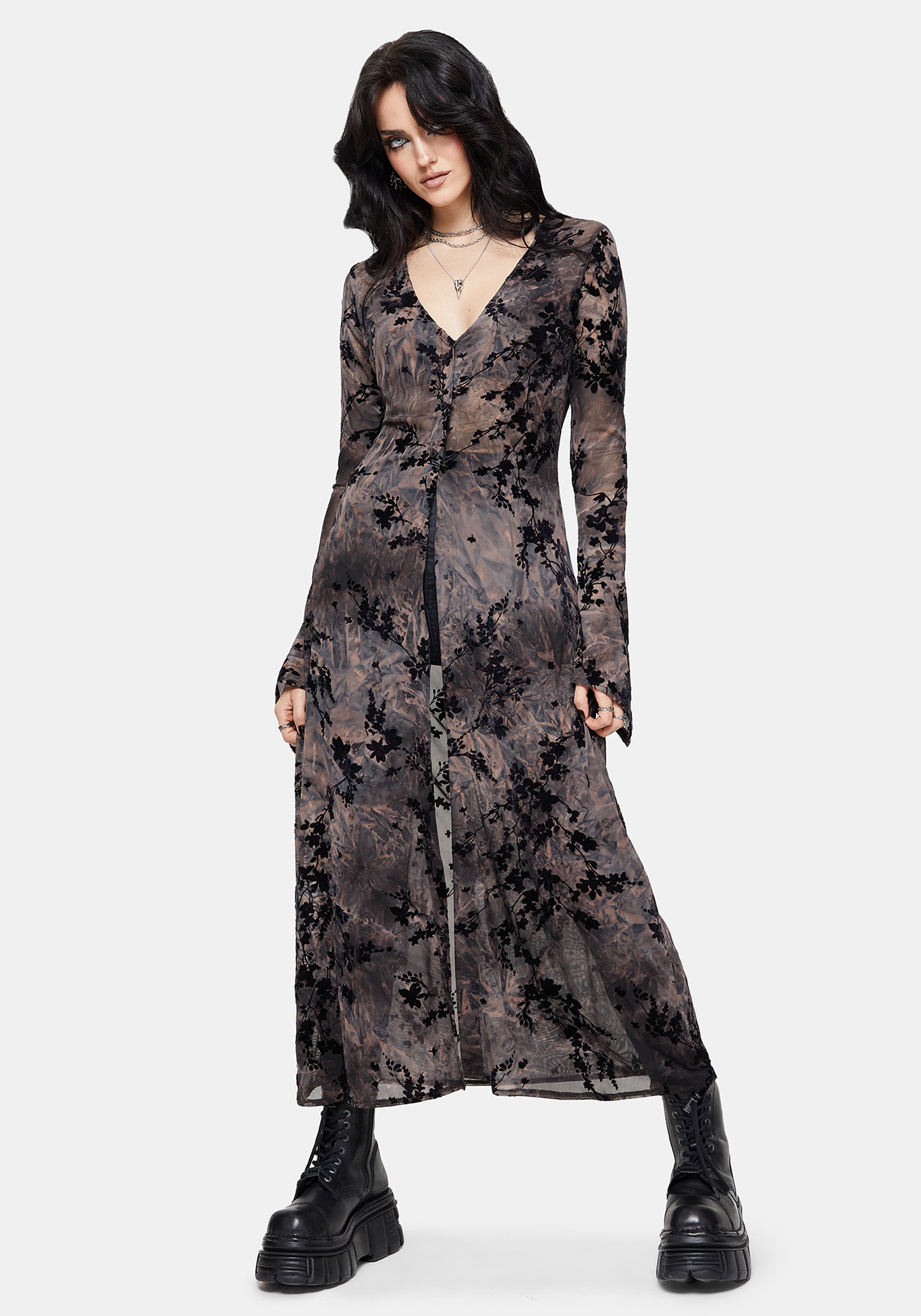 Monroe Flocked Mesh Long Sleeve Midaxi Overdress EU 38