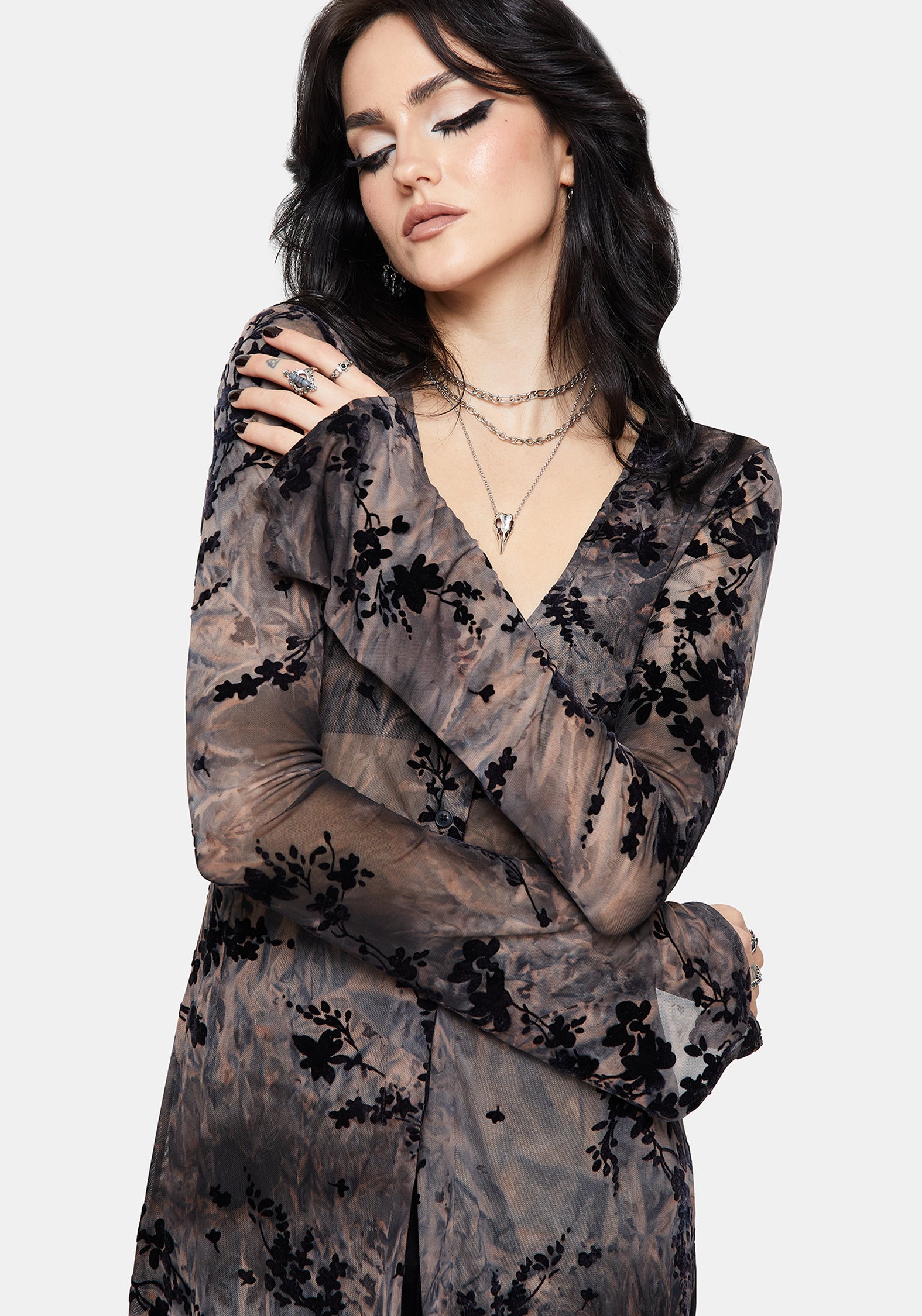 Monroe Flocked Mesh Long Sleeve Midaxi Overdress EU 38