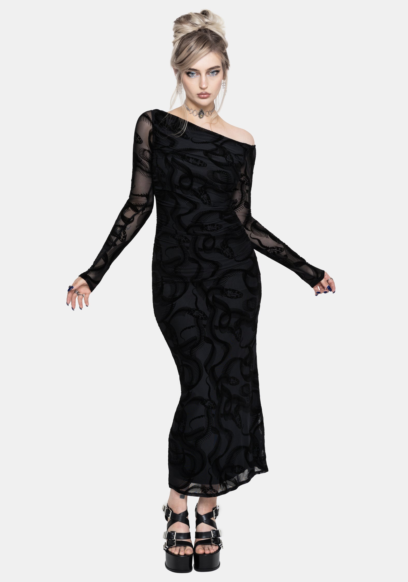 Paleo Flocked Mesh Skeletal Snake Long Sleeve Midaxi Dress