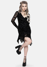 Paleo Flocked Mesh Skeletal Snake Asymmetric Hanky Hem Mini Dress