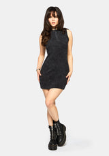 Despair Cotton Embroidered Acid Wash Ribbed Mini Dress