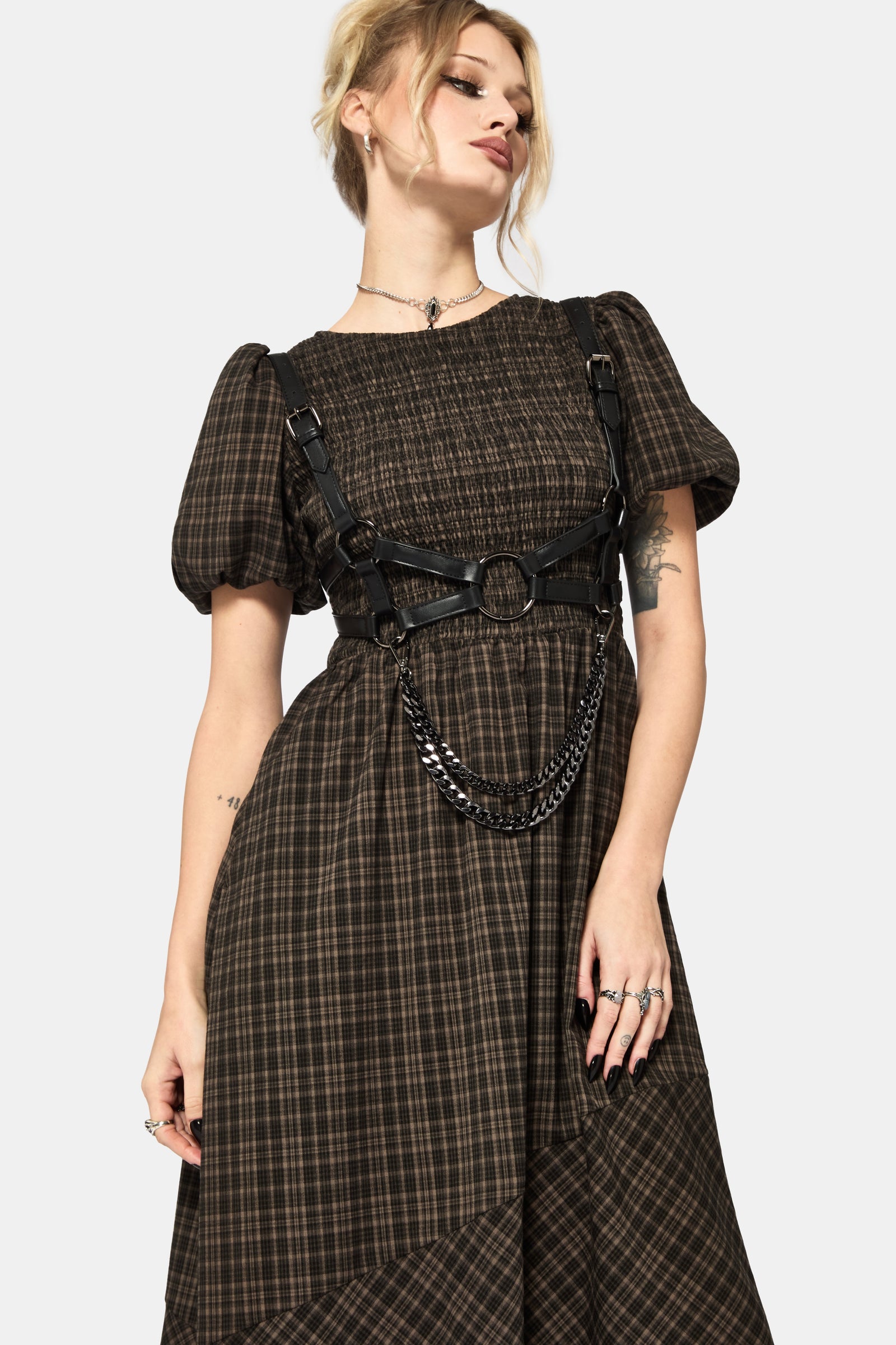 Rhiannon Check Shirred Bodice Midi Dress EU 38