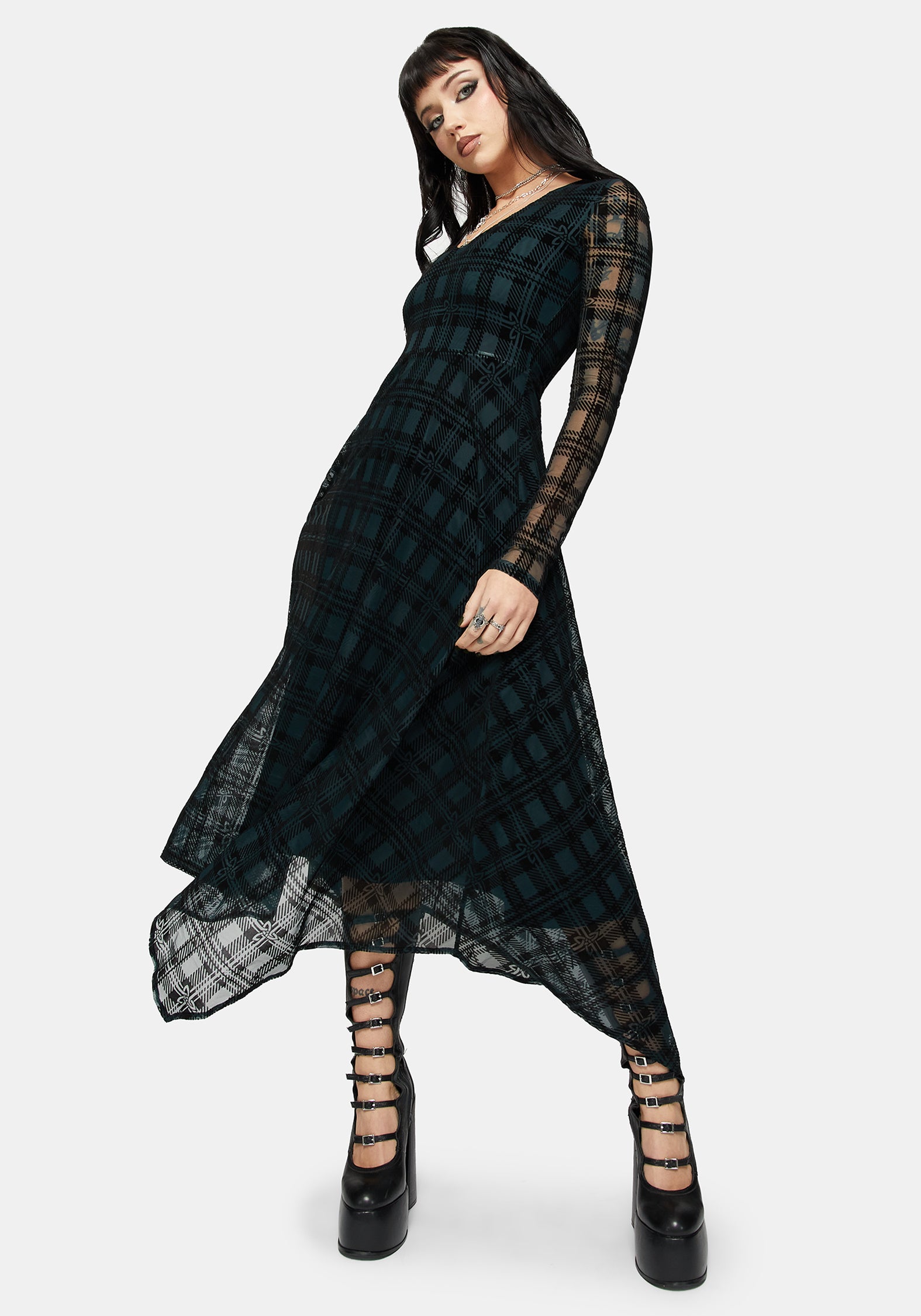 Vesica Flocked Witches Knot Hanky Hem Midi Dress