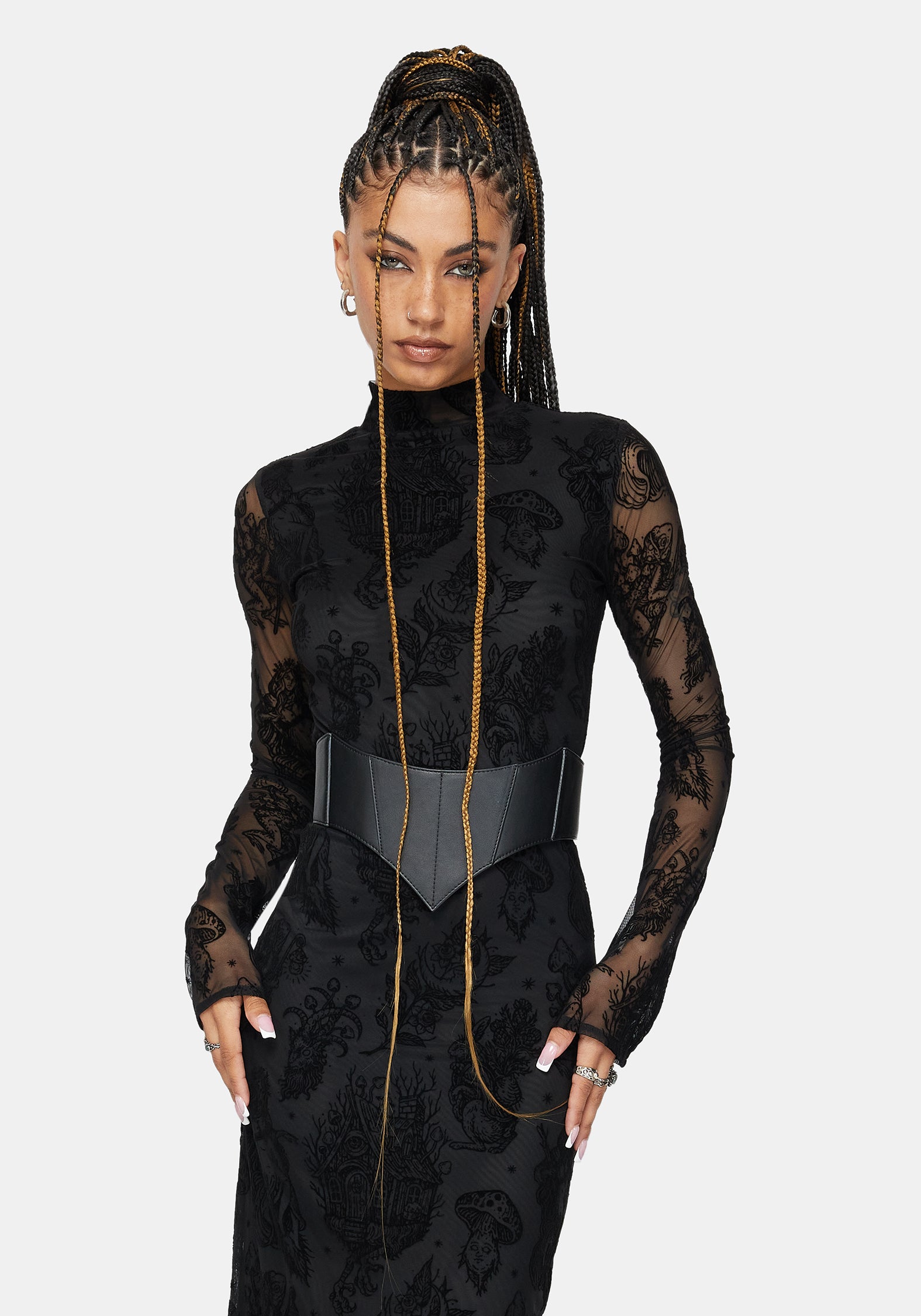 Hexborn Baba Yaga High Neck Flocked Long Sleeve Mesh Maxi Dress