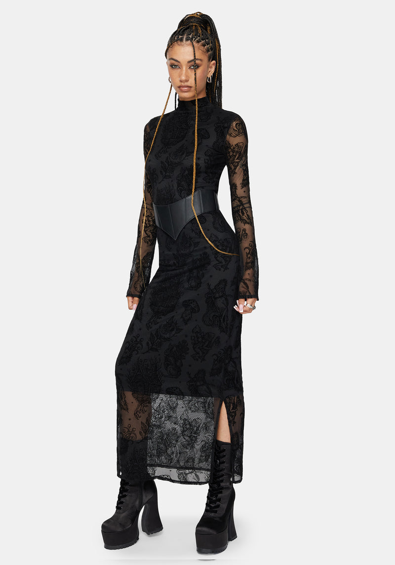 Hexborn Baba Yaga High Neck Flocked Long Sleeve Mesh Maxi Dress  Disturbia