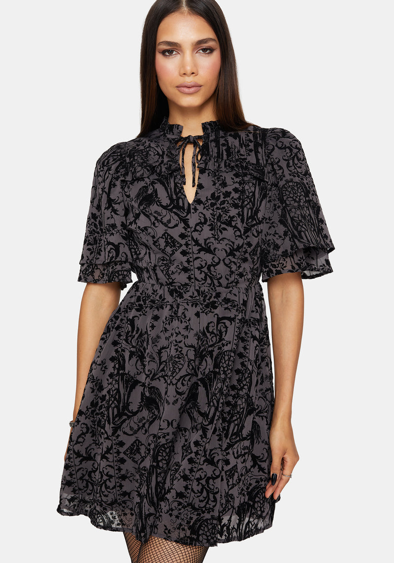 Thorned Flocked Chiffon Castle Print Yoke Front Frill Sleeve Mini Dress