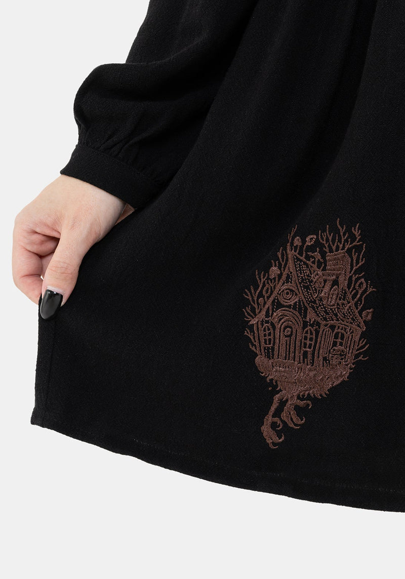 Hexborn Linen-Blend Baba Yaga Embroidered Long Sleeve Mini Dress – Disturbia