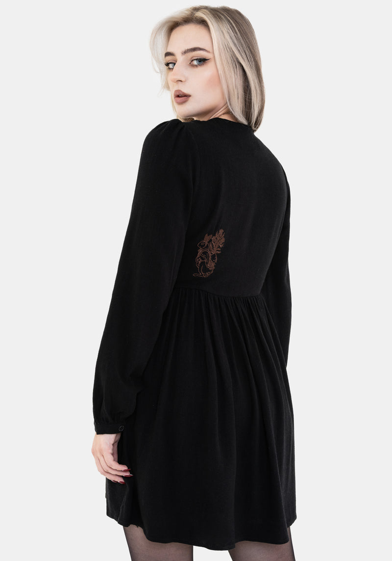 Hexborn Linen-Blend Baba Yaga Embroidered Long Sleeve Mini Dress Disturbia Hexborn Linen-Blend Baba Yaga Embroidered Long Sleeve Mini Dress Disturbia
