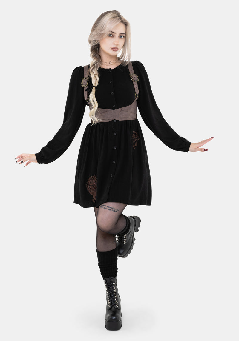 fitted lace wedding dress Hexborn Linen-Blend Baba Yaga Embroidered Long Sleeve Mini Dress – Disturbia