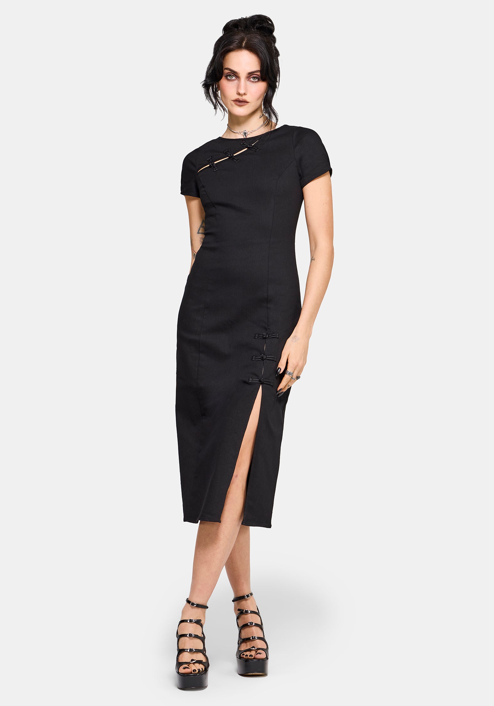 Opaline Asymmetric Neck Slash Short Sleeve Midi Dress