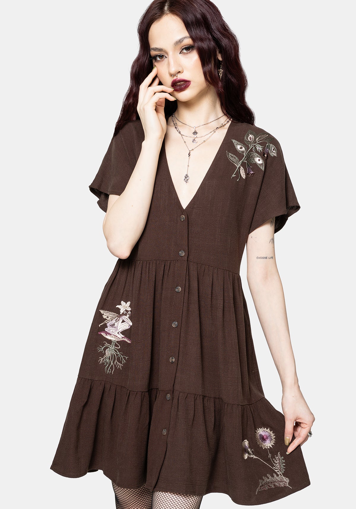 Faela Fairy Embroidered Button Up V-Neck Peplum Mini Dress EU 34