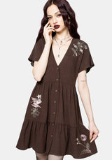 Faela Fairy Embroidered Button Up V-Neck Peplum Mini Dress EU 34