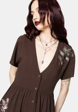 Faela Fairy Embroidered Button Up V-Neck Peplum Mini Dress EU 34