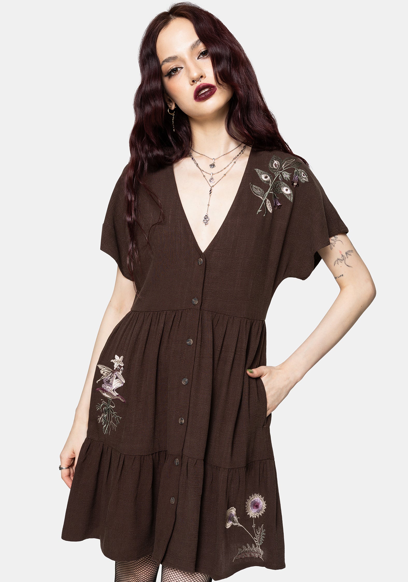 Faela Fairy Embroidered Button Up V-Neck Peplum Mini Dress EU 34