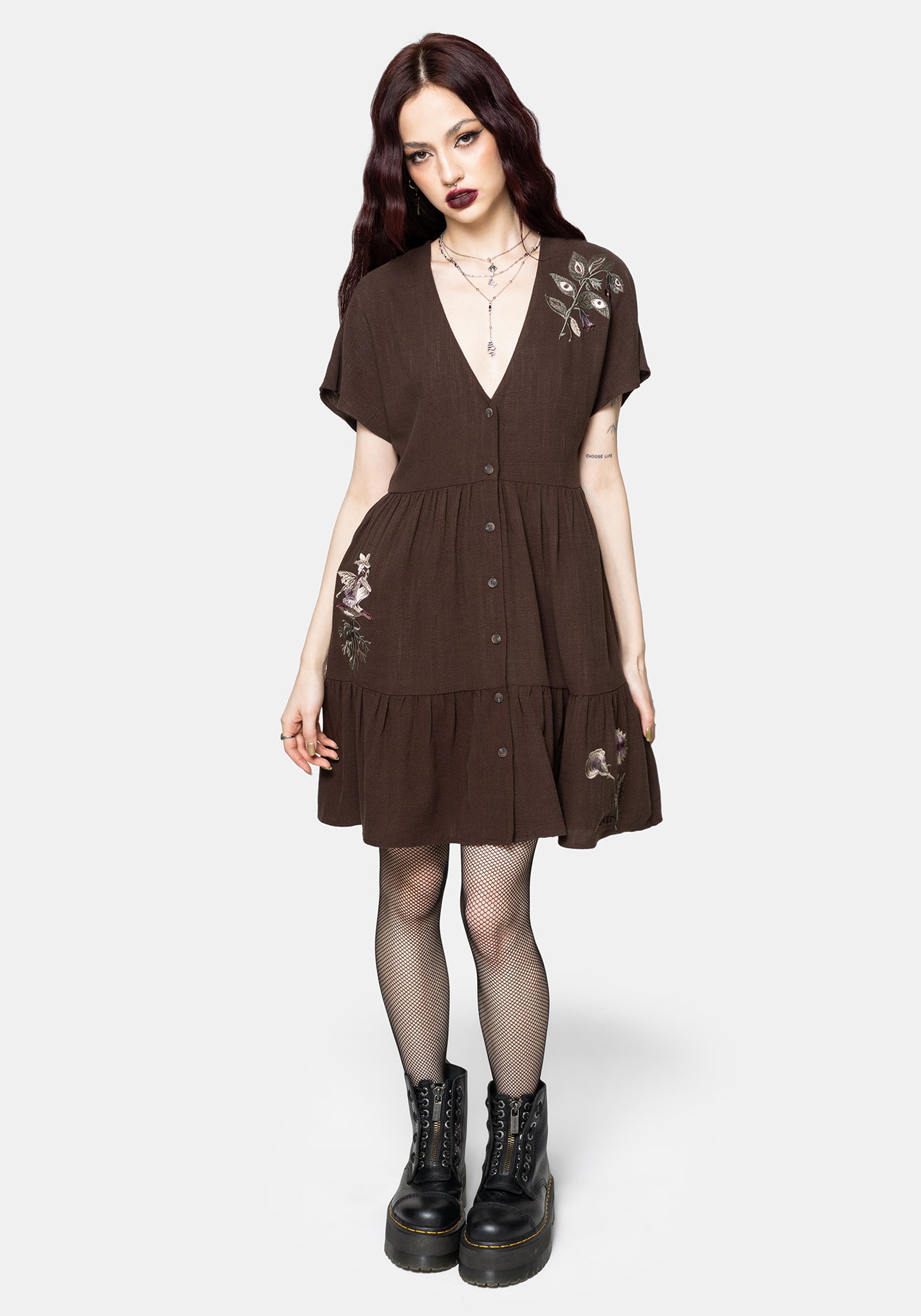 Faela Fairy Embroidered Button Up V-Neck Peplum Mini Dress EU 34