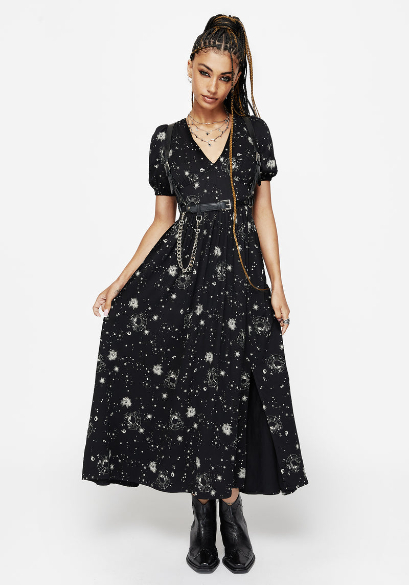 Comet Celestial Printed Puff Sleeve Midaxi Dress