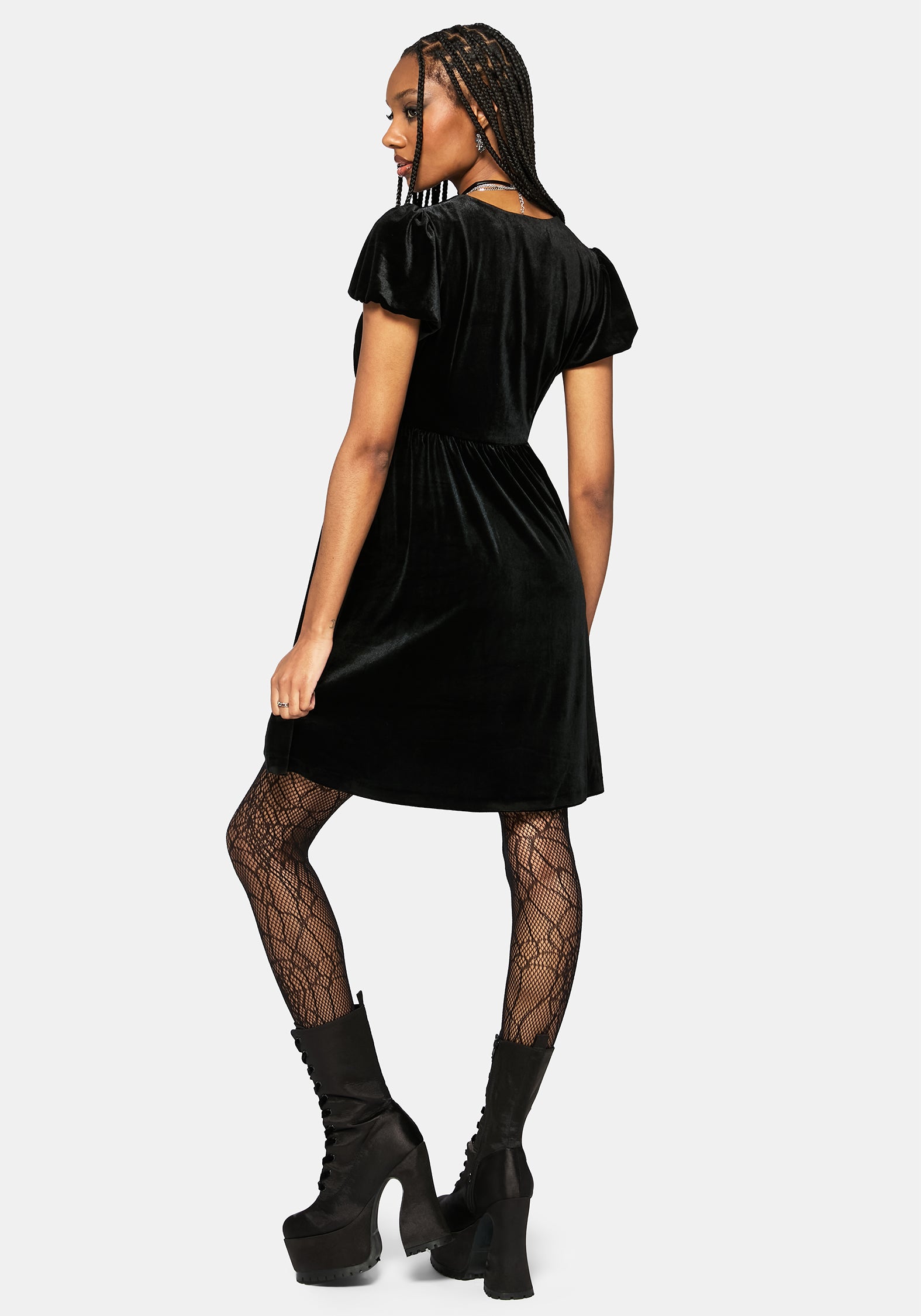 Bluesow Feather & Thistles Embroidered Puff Sleeve Velour Mini Dress