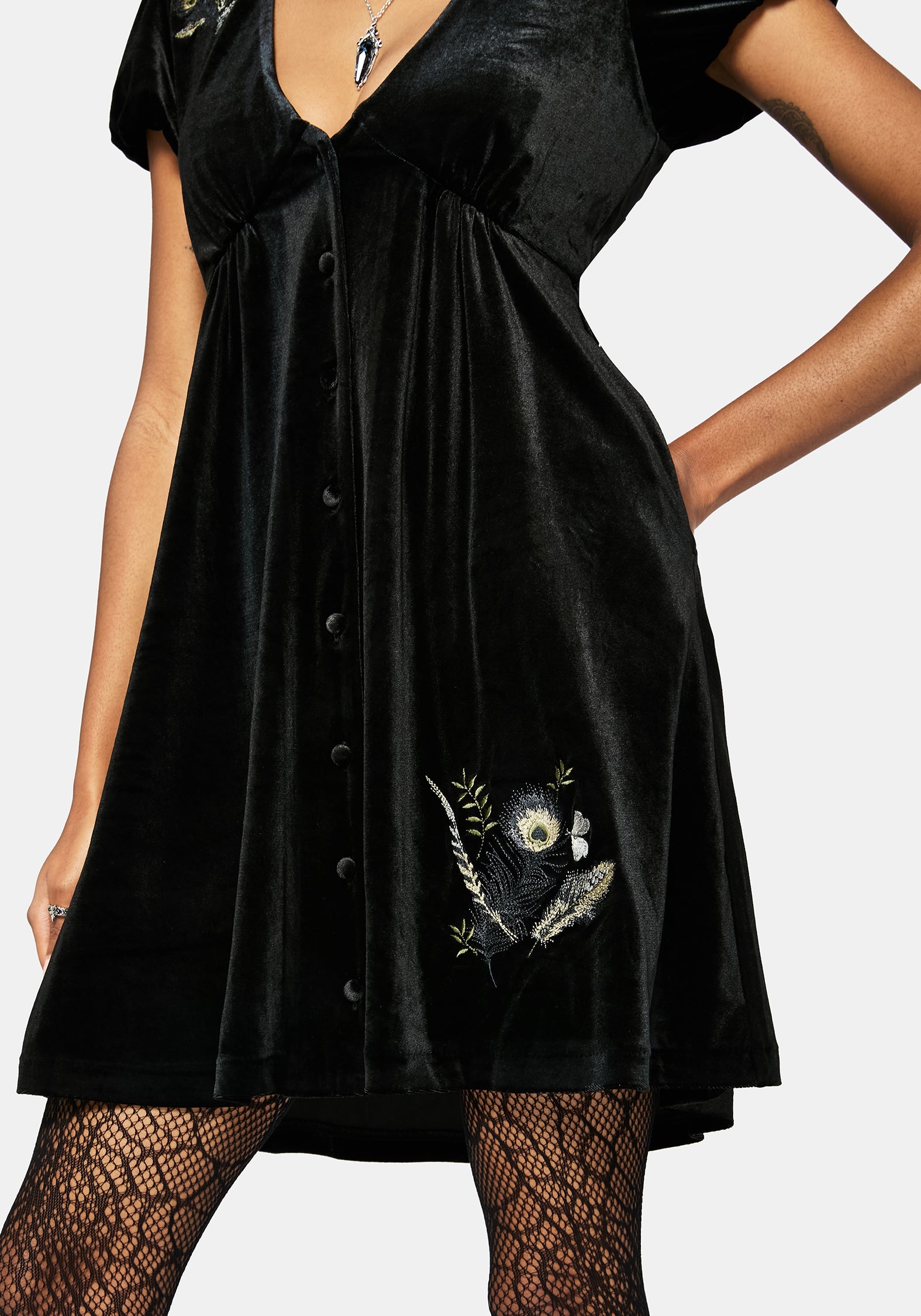 Bluesow Feather & Thistles Embroidered Puff Sleeve Velour Mini Dress
