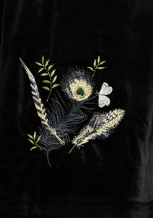 Bluesow Feather & Thistles Embroidered Puff Sleeve Velour Mini Dress