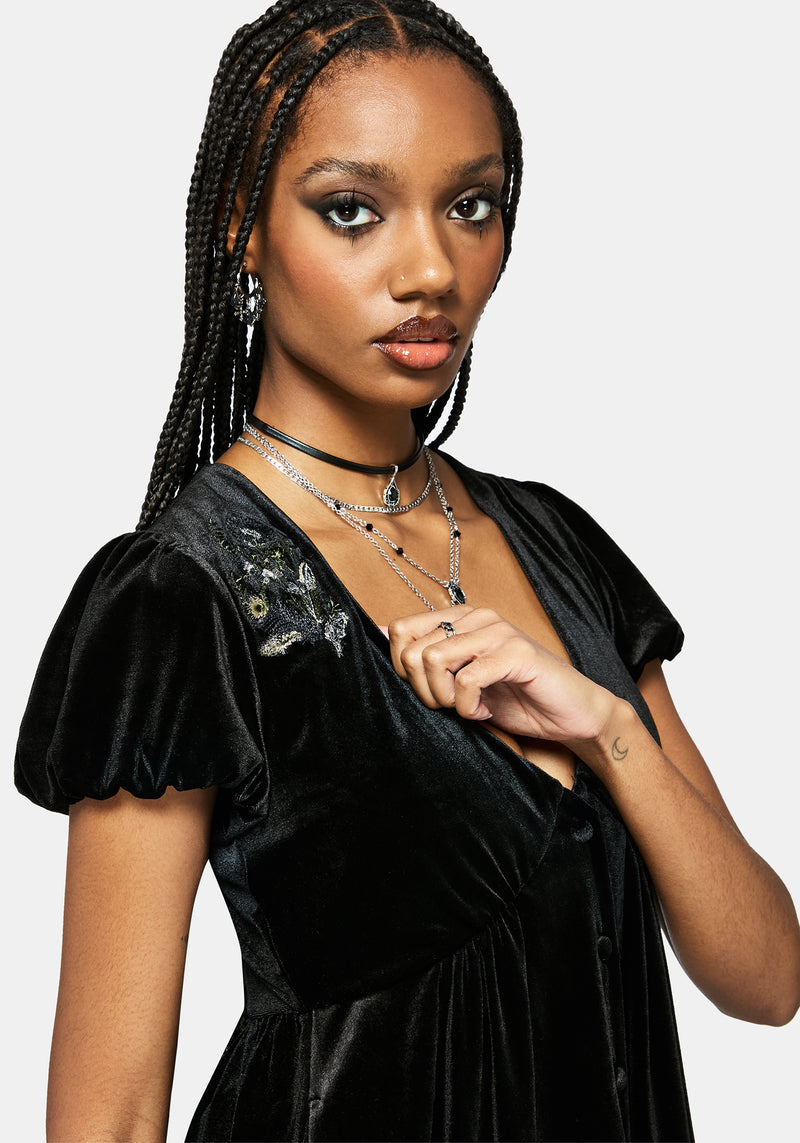 Bluesow Feather & Thistles Embroidered Puff Sleeve Velour Mini Dress