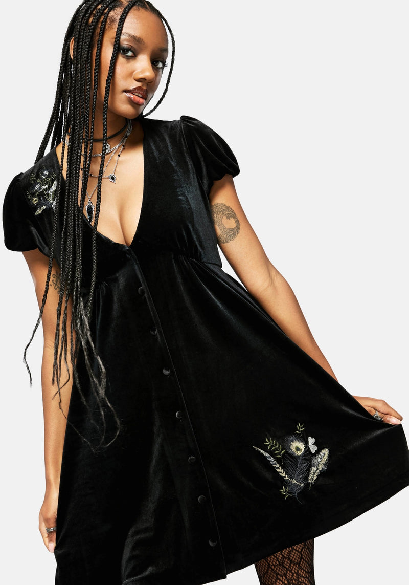 Bluesow Feather & Thistles Embroidered Puff Sleeve Velour Mini Dress