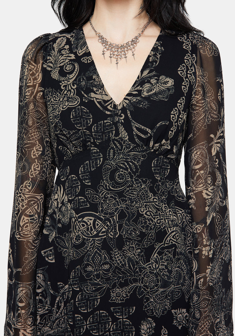 Surge Celtic Print Ruffle Neck Midi Dress