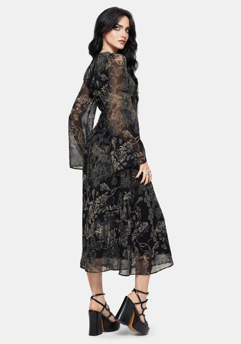 Surge Celtic Print Ruffle Neck Midi Dress