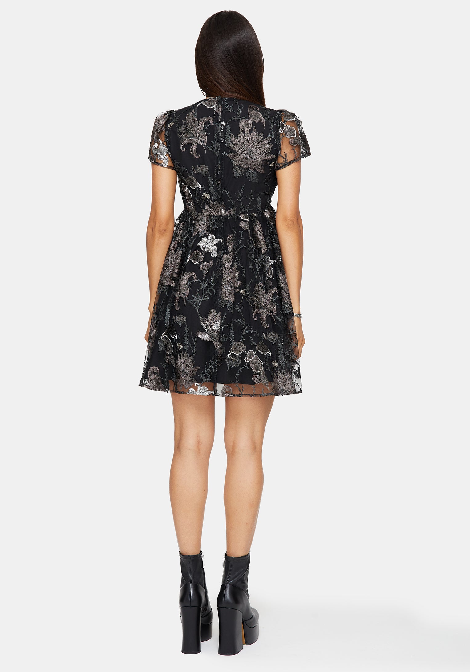 Estrid Bestickt Mesh Flöte Ärmel Mini Kleid - Silber