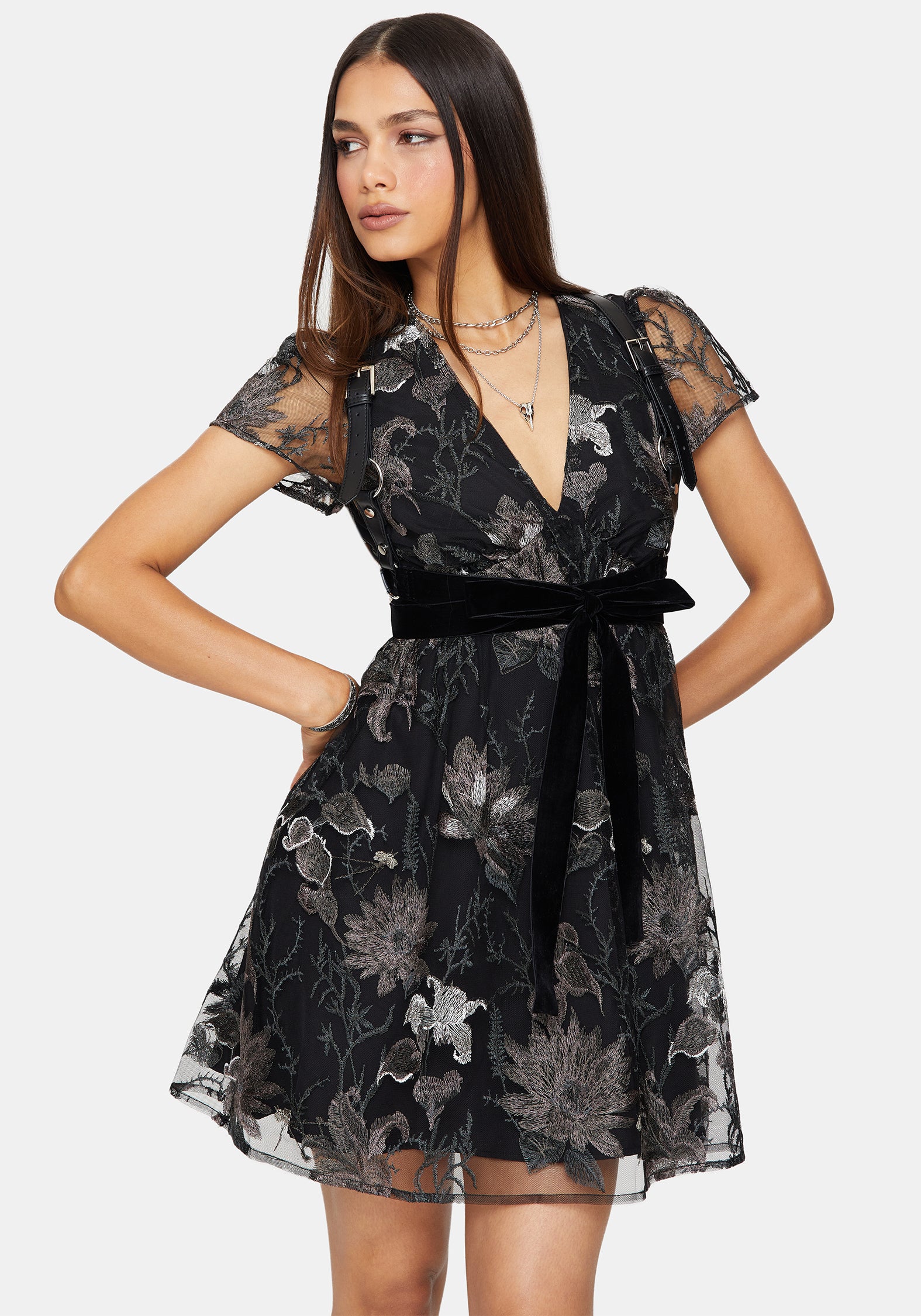Estrid Bestickt Mesh Flöte Ärmel Mini Kleid - Silber