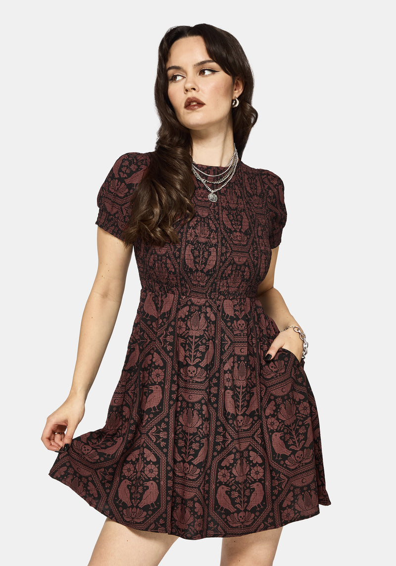 Annabel Inverted Raven Print Shirred Mini Dress