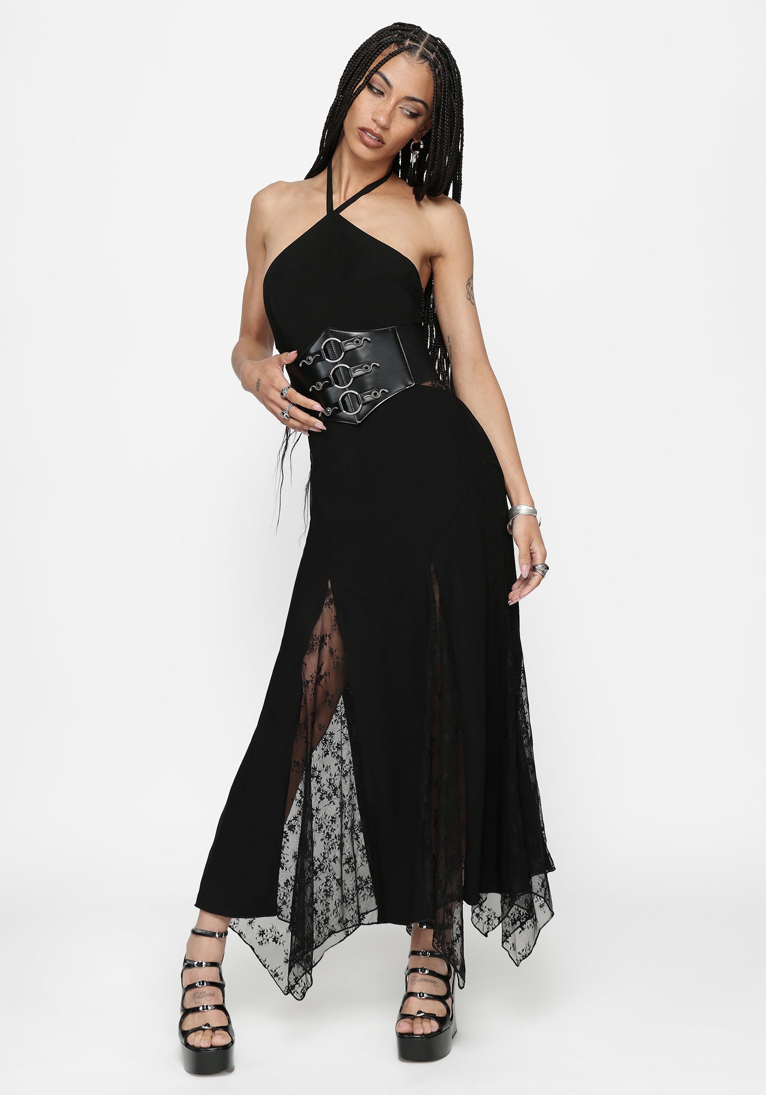 Endora Lace Side Panel Halterneck Maxi Dress