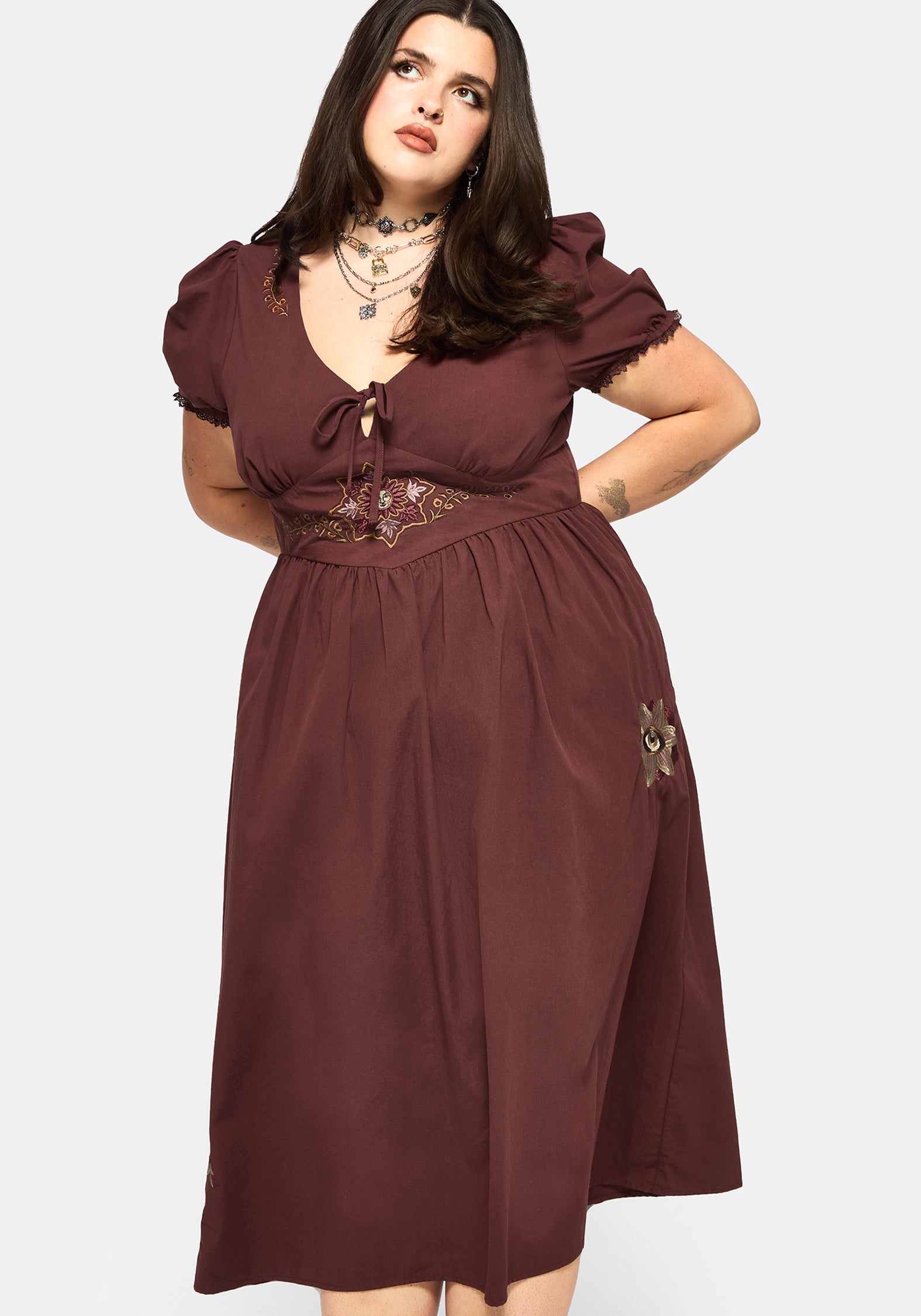 Arianwen Embroidered Puff Sleeve Midaxi Dress - Rust