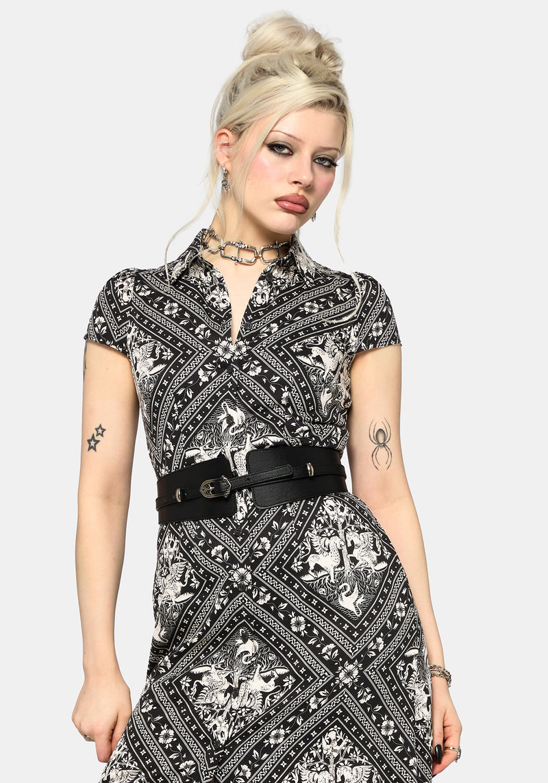 Hexweave Print Fitted Midi Shirt Dress Disturbia Hexweave Print Fitted Midi Shirt Dress Disturbia