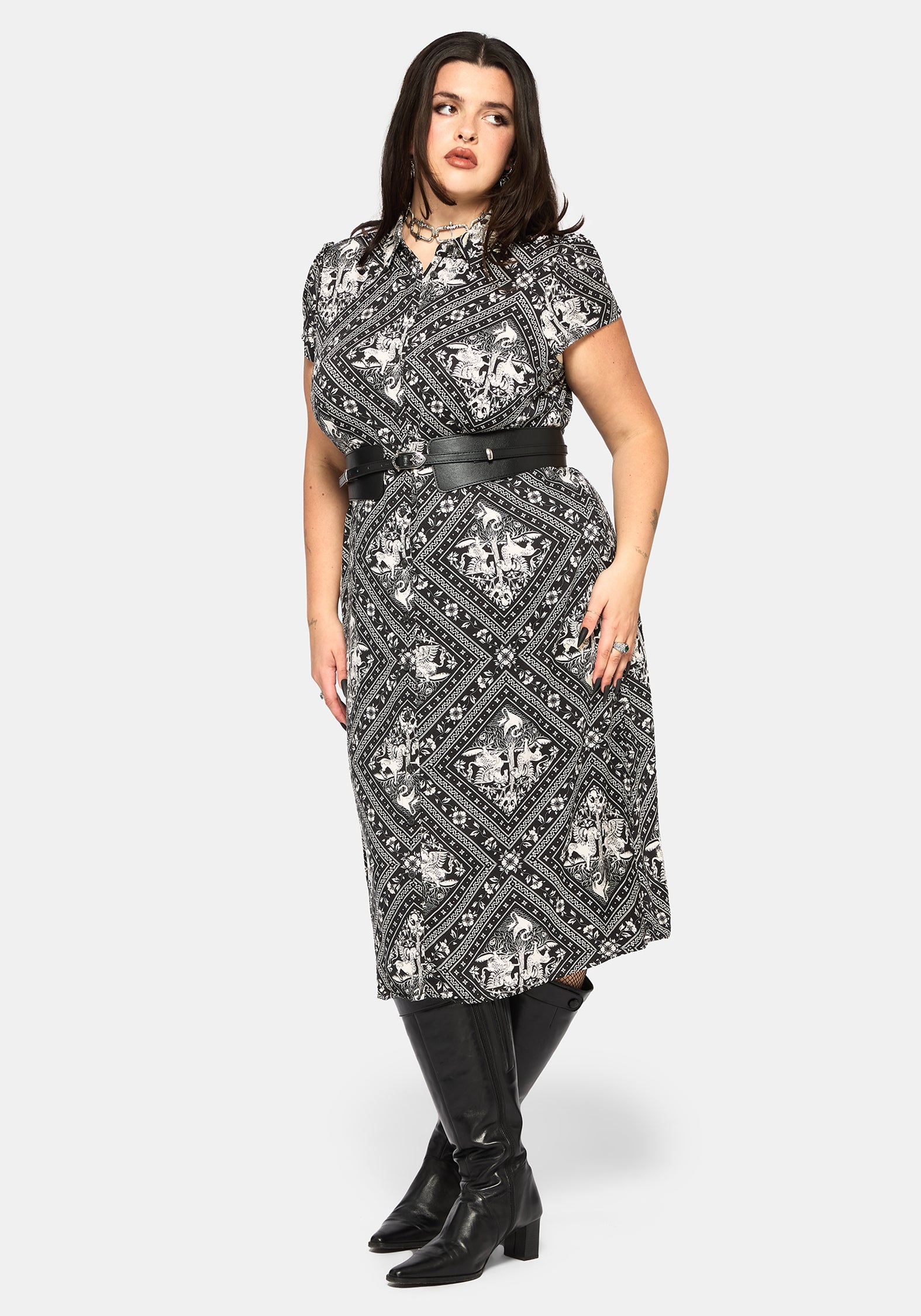 Hexweave Print Fitted Midi Shirt Dress