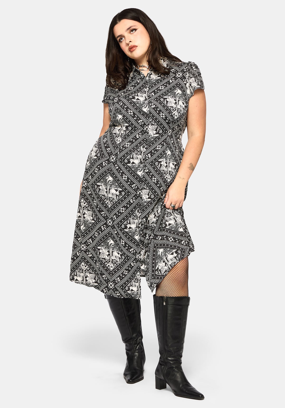 Hexweave Print Fitted Midi Shirt Dress