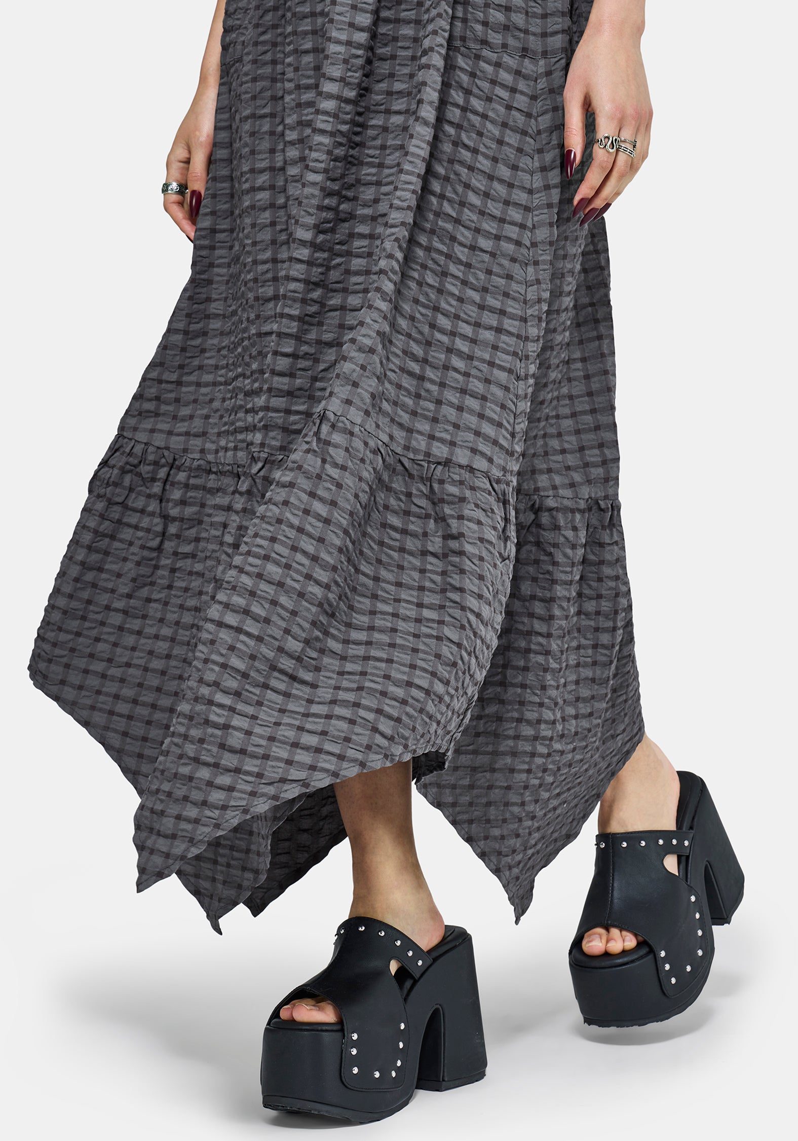 Nimira Check Handkerchief Hem Midi Dress