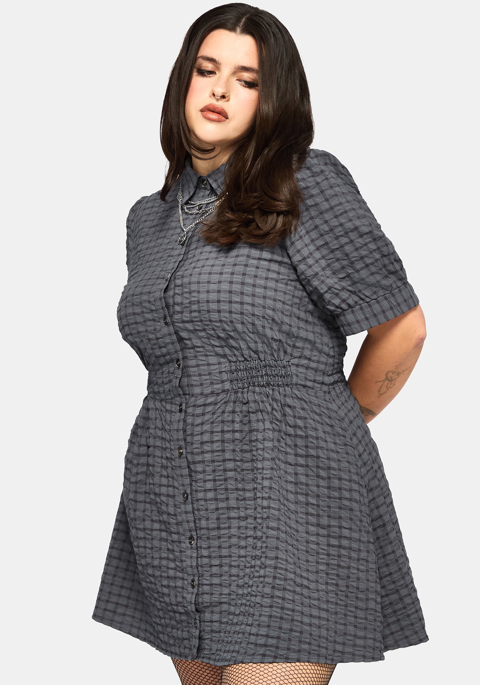 Nimira Check Puff Sleeve Mini Dress