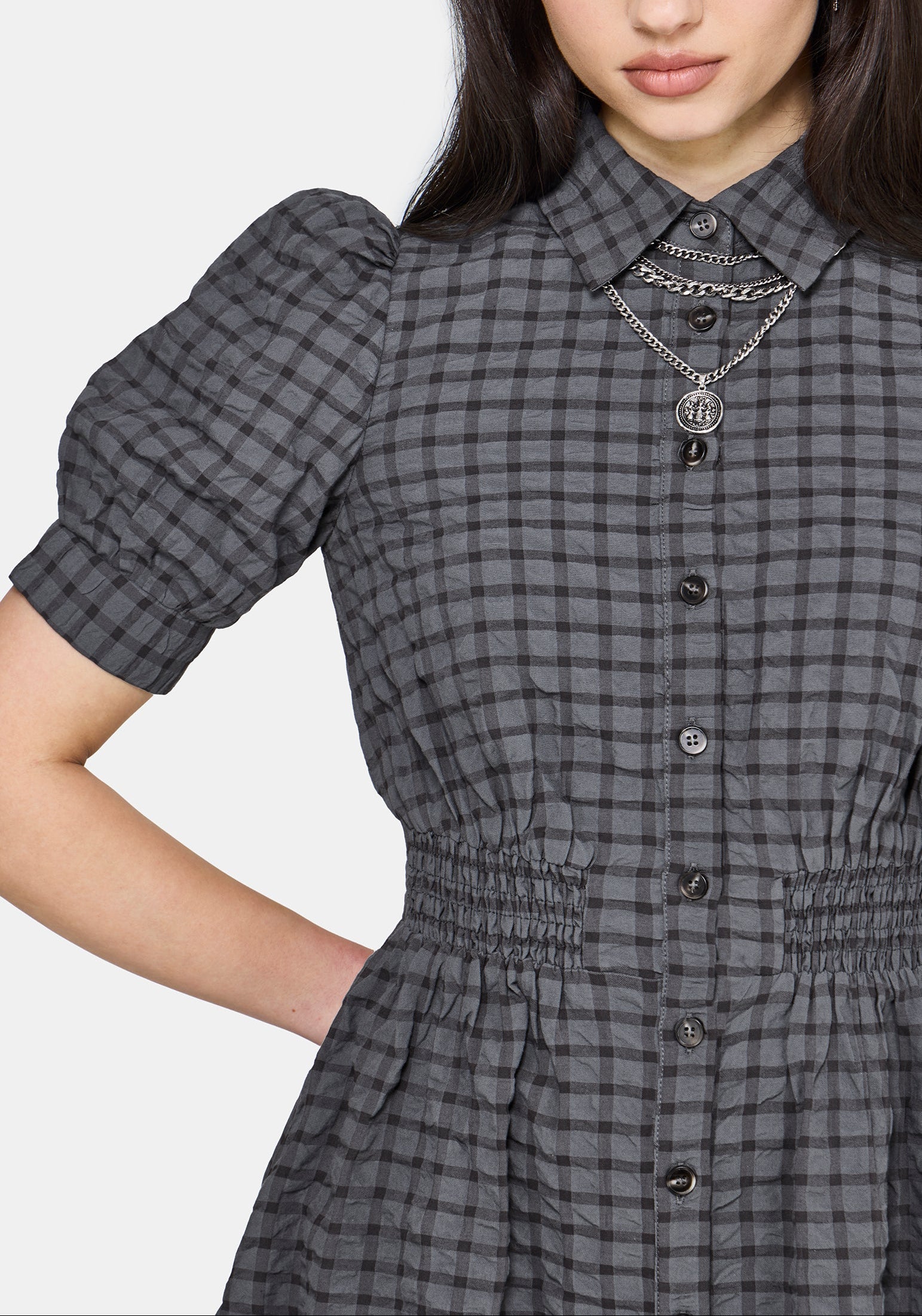 Nimira Check Puff Sleeve Mini Dress