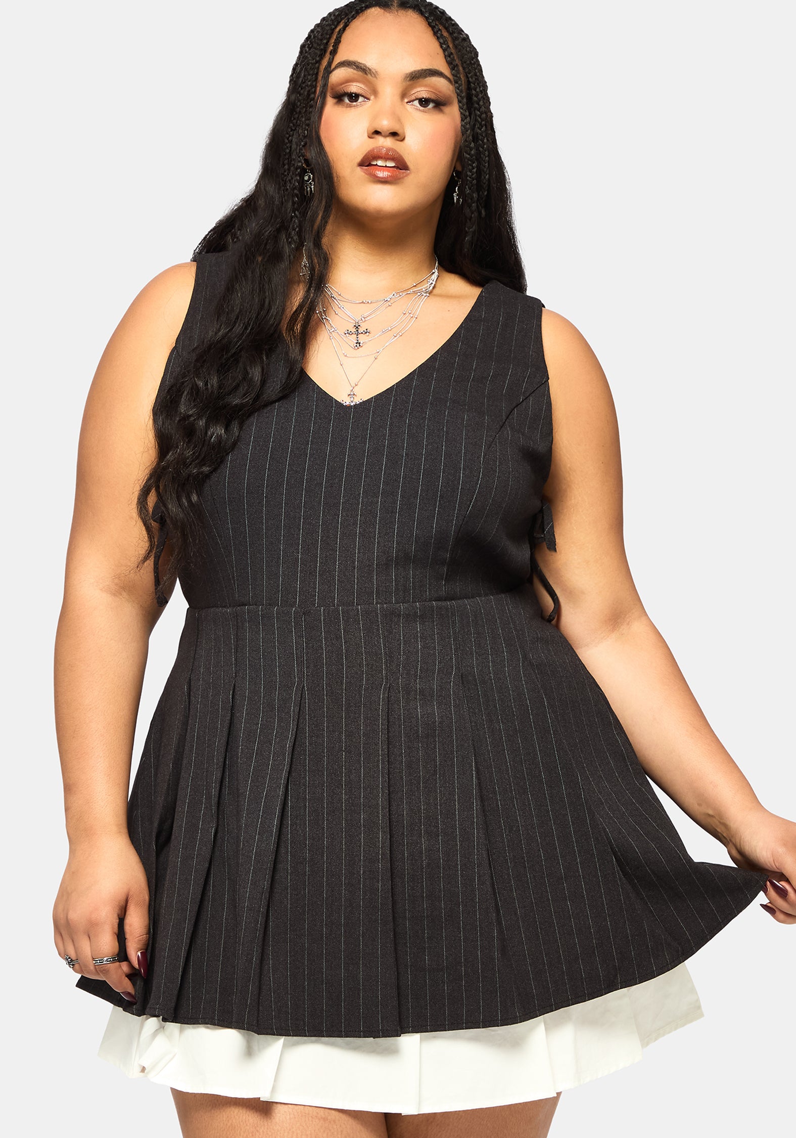 Sabrina Striped Pleated Tie Side Pinafore Dress