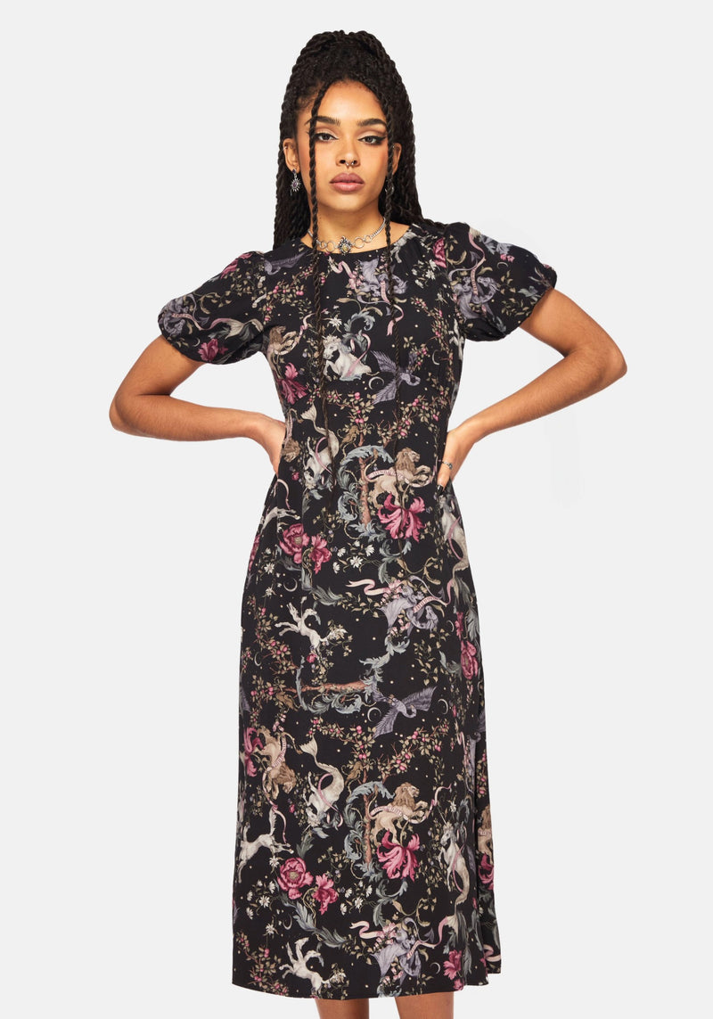Merunicorn Enchanted Forest Print Puff Sleeve Midi Dress