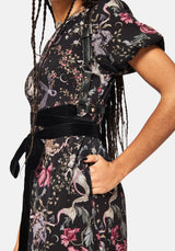 Merunicorn Enchanted Forest Print Puff Sleeve Midi Dress