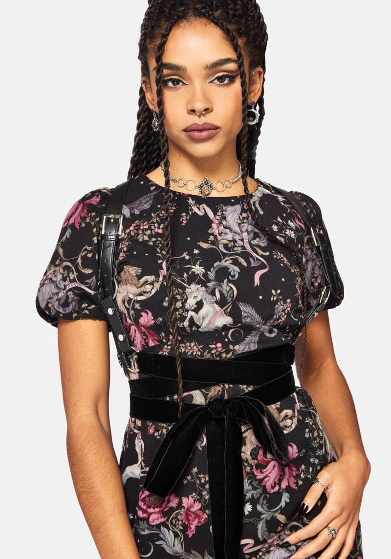 Merunicorn Enchanted Forest Print Puff Sleeve Midi Dress