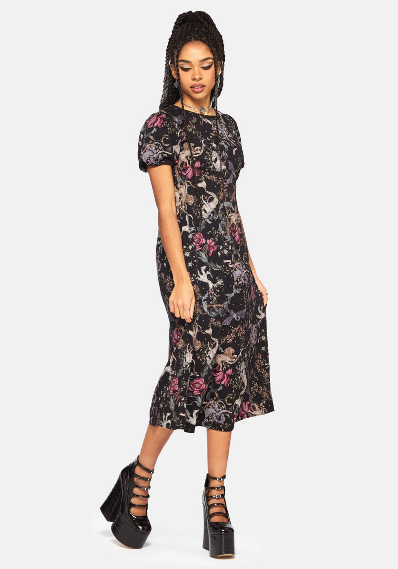 Merunicorn Enchanted Forest Print Puff Sleeve Midi Dress