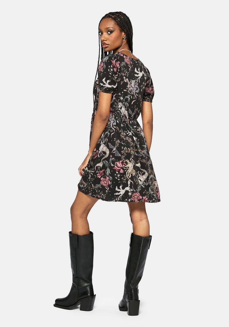 Merunicorn Enchanted Forest Print Button Up Mini Dress