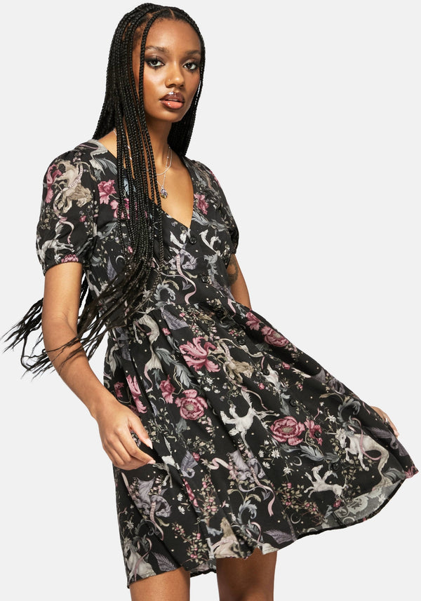 Merunicorn Enchanted Forest Print Button Up Mini Dress